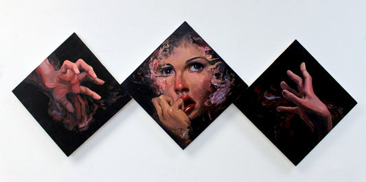3 paintings in a row, the centre painting is a portrait of a woman, and either side are expressive hands