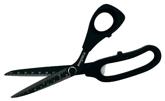 Black scissors with measurement scale on a white background