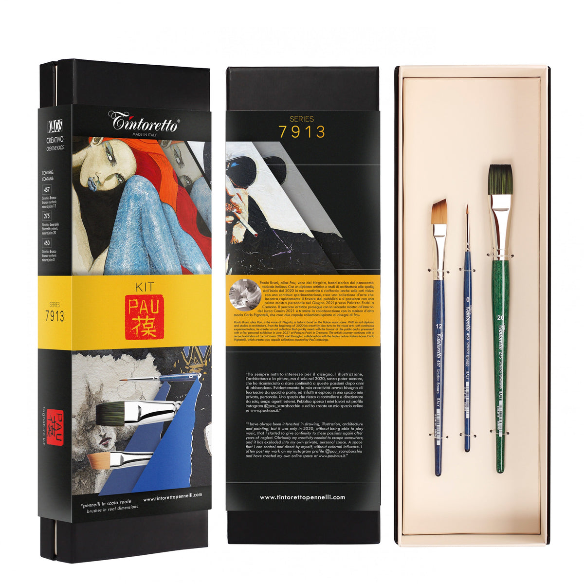 Tintoretto Pau signature set with three brushes and presentation box
