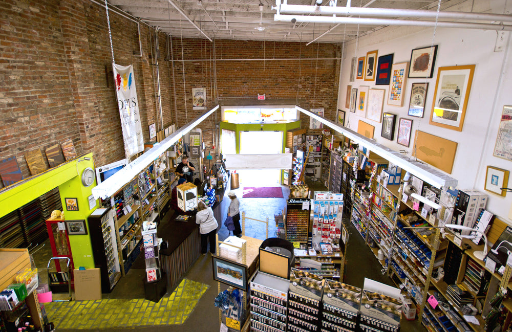 Looking down into the interior of Opus Art Supplies Victoria
