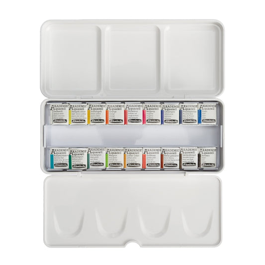 Schmincke Akademie Aquarell Set of 18 x 1/2 Pans with Brush Band