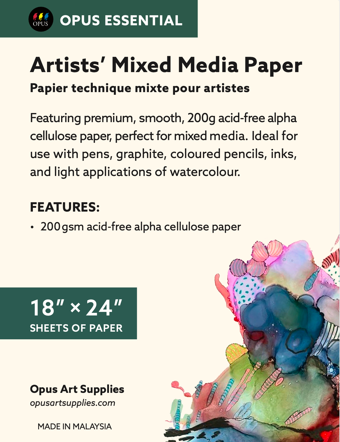 Opus Essential Artists' Mixed Media Paper Sheet 18" x 24" - Single Sheet