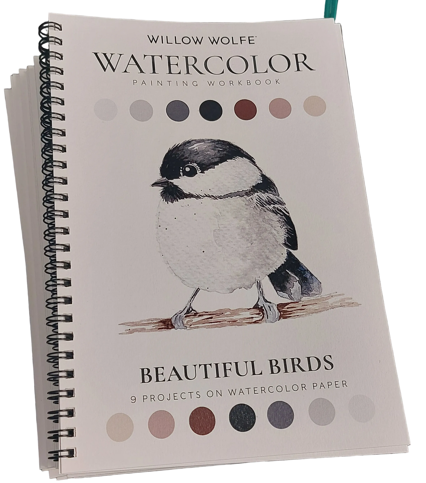 A spiral-bound watercolor painting workbook titled 'Beautiful Birds' by Willow Wolfe, featuring a black and white bird illustration on the cover with watercolor color swatches, photographed on a gray textured surface.
