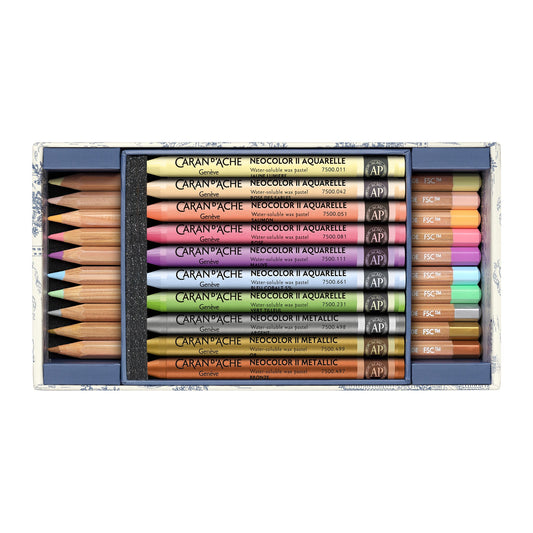 Caran d'Ache Toile de Jouy Mixed Media Set open, showing pencils and Neocolor II Aquarelle pastels