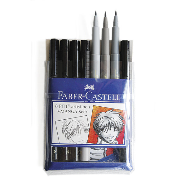 Faber-Castell Pitt Artist Pen Manga Advanced Set 167152 3 stylos à encre de  Chine et accessoires, 8 pièces