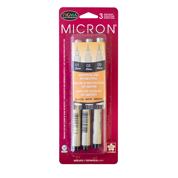Sakura Pigma Micron Set of 3 Black Pens in Size 01 - Artist