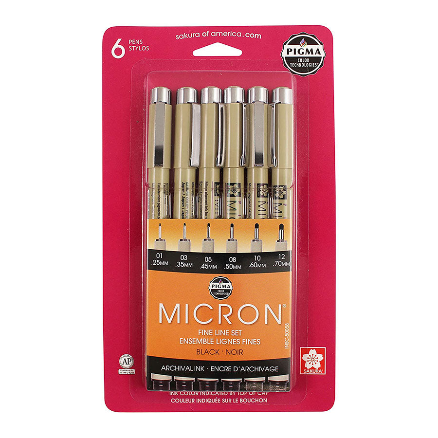 Sakura Pigma Micron Pen - Black Fine Line Set of 6 (01, 03, 05, 08