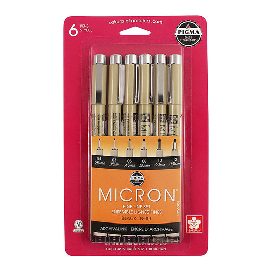 Sakura Pigma Micron Pen - Black Fine & Bold Line Set of 6 (01, 03, 05, 08, 10, 12)