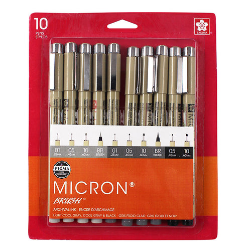 Sakura Pigma Micron Pen - Light Cool Gray, Cool Gray, Black Set of 10