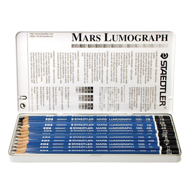 Original Wooden Lead Pencil By Staedtler Mars Lumograph - Pack of 12  Degrees in Practical Plastic Storage Box - Artigraphers