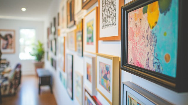 A gallery wall of artwork and photography in a home, photographed at a strong angle