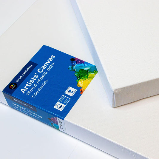 Opus Essential Artists' Canvases in an angled stack - one with it's label, and one unwrapped