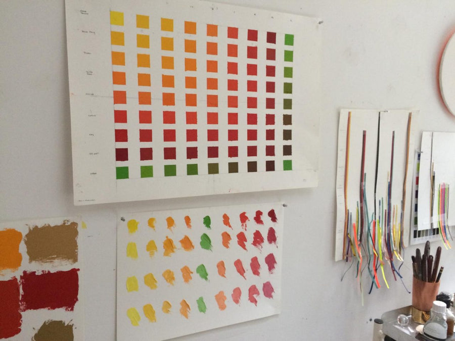 A colour chart hung on the wall of Cad-Free Artists' Oil Colours by Jo Volley.