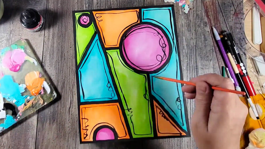 Cat Kerr creating a colourful geometric painting.