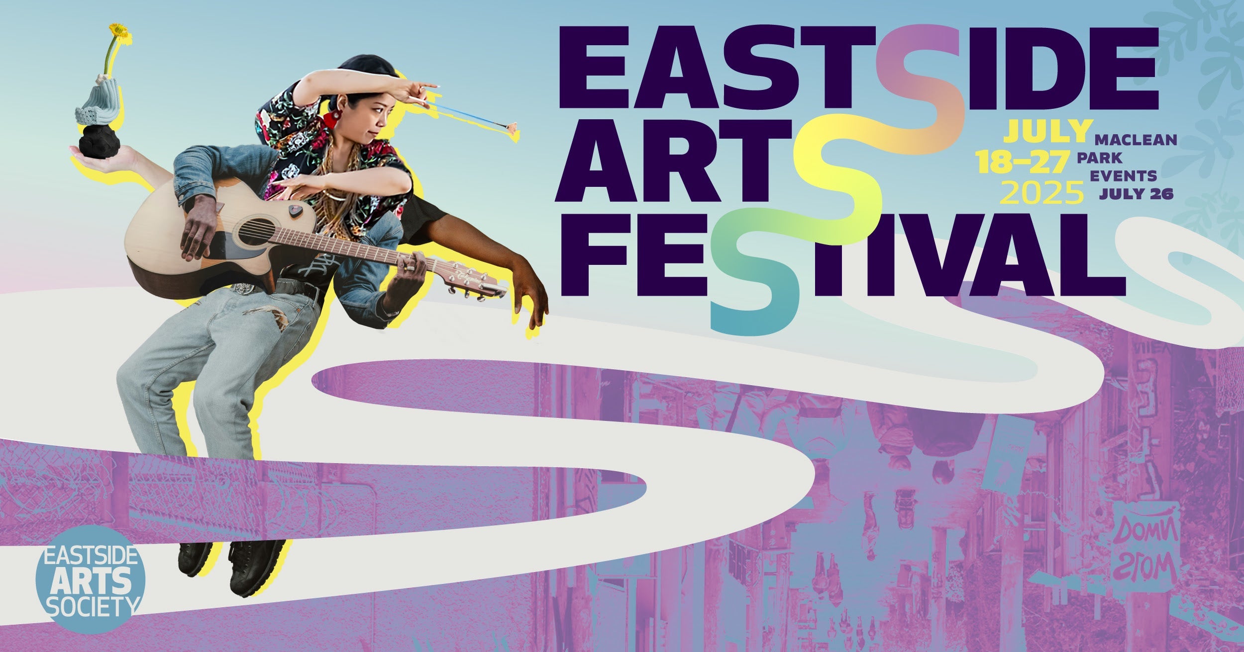 a graphic for the Eastside Arts Festival with a person with 6 arms each showning a representation of a different art form