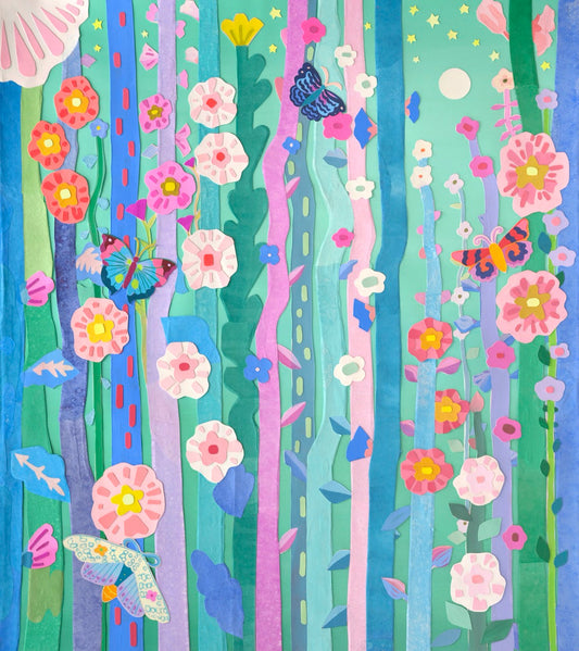 Painting by artist Celan Bouillet, titled Hollyhock Moon shows garden flowers and butterflies in bright greens, pinks, yellow and blue