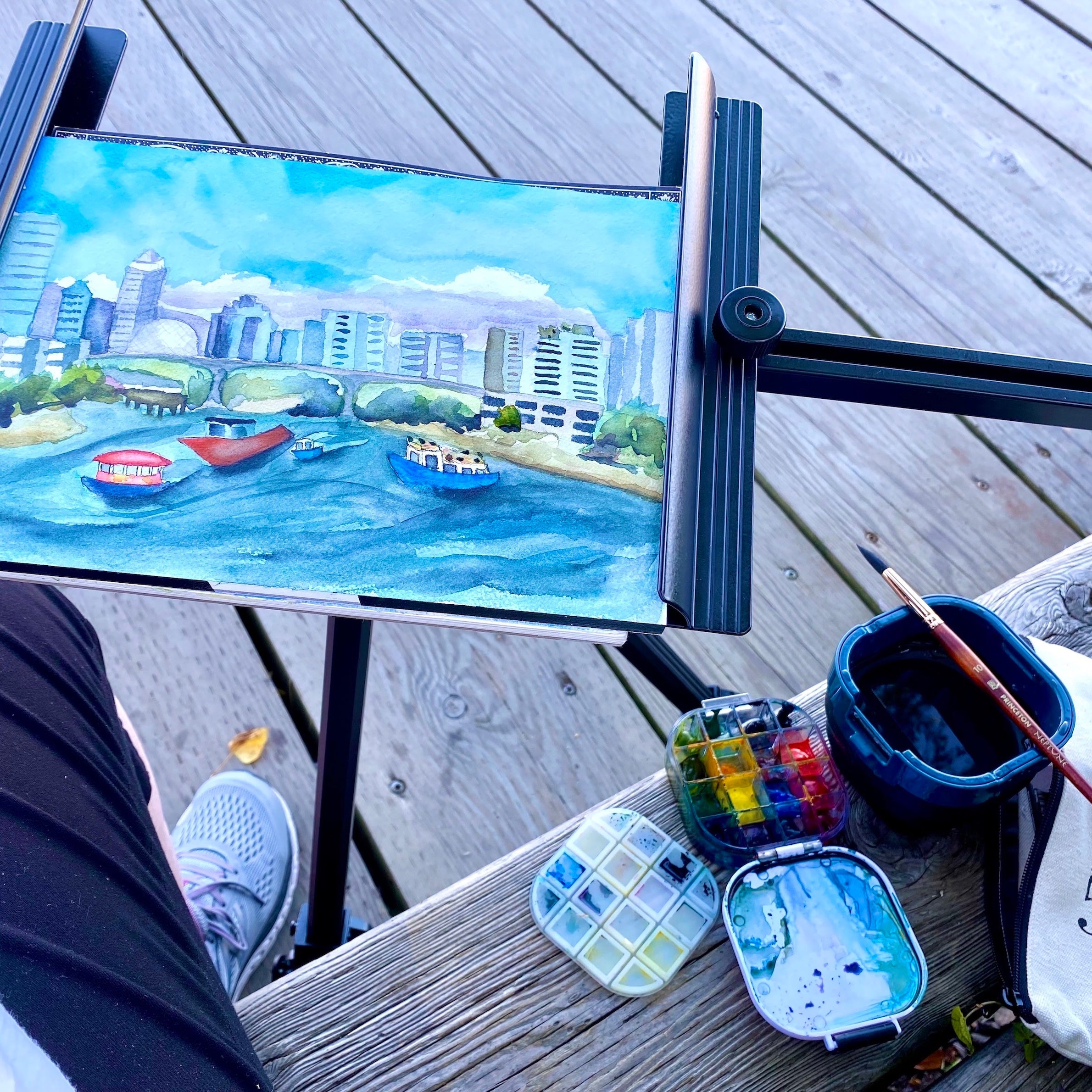 Watercolour sketch of Vancouver's False Creek painted outdoors on a portable easel.