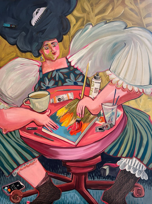 Artwork by Rose Cowles of a Woman painting. Her phone is on the floor below the table.