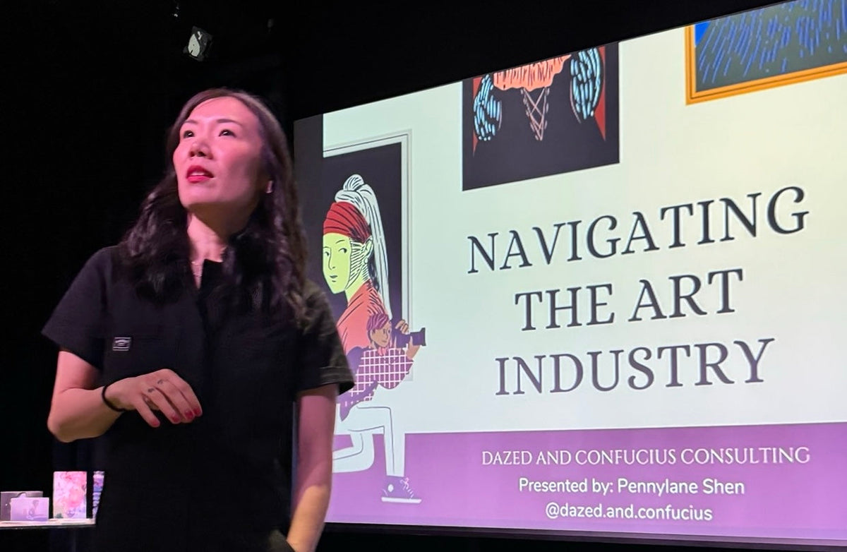 Pennylane Shen on stage at Opus Member's Workshop "Navigating the Art Industry with Pennylane Shen"