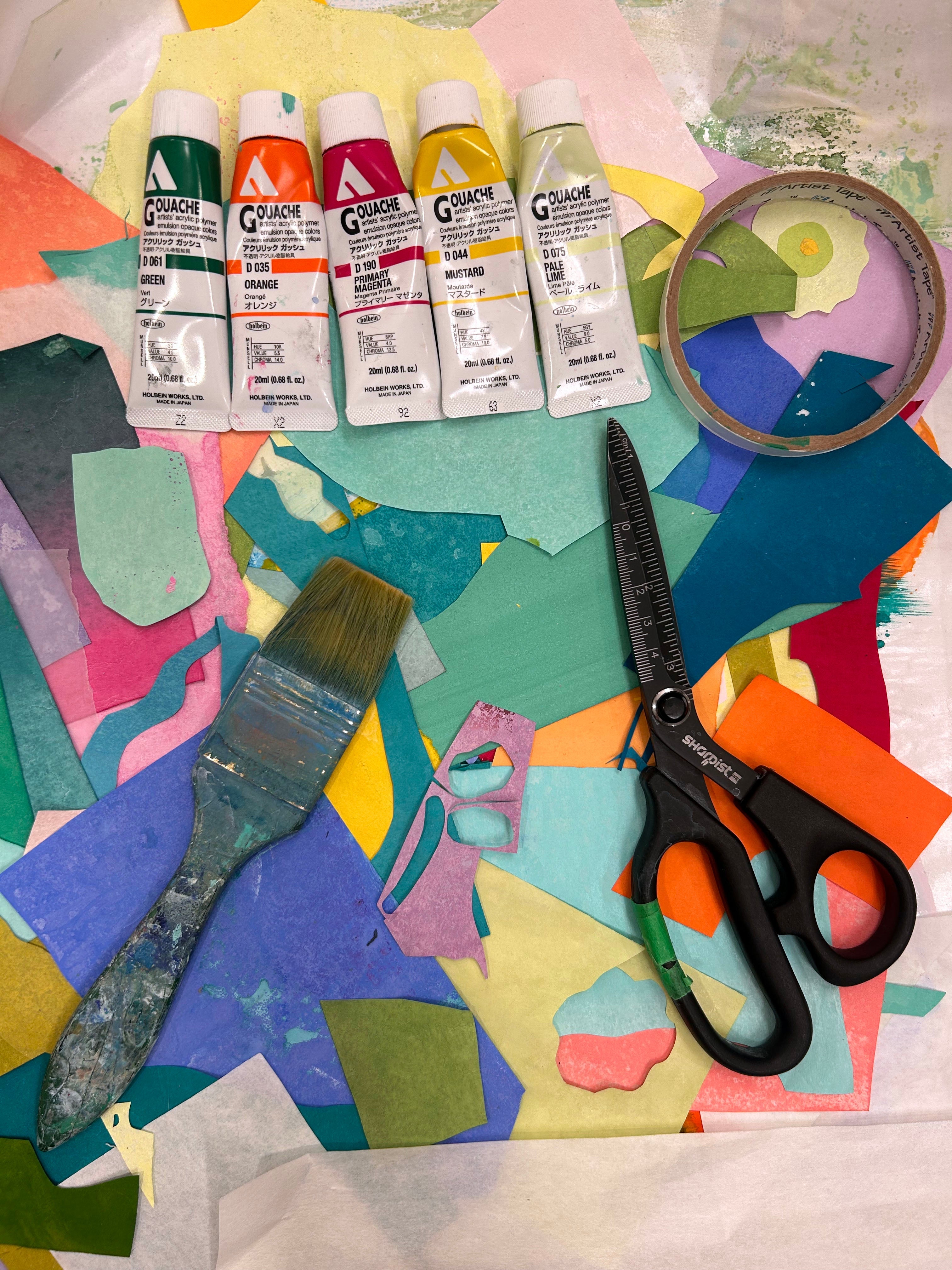Materials for a botanical gouache collage including painted rice paper, Holbein Acrylic Gouache, scissors, and brushes.