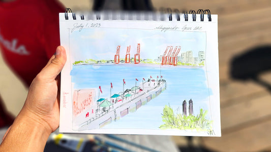 An artists rendition of the Burrard Dry Dock Pier from the Opus Plein Air Challenge.