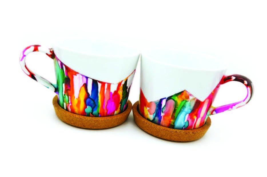 Colourful coffee mugs, created with Jacquard Pinata Alcohol Inks