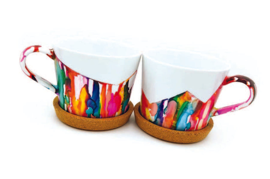 Colourful coffee mugs, created with Jacquard Pinata Alcohol Inks