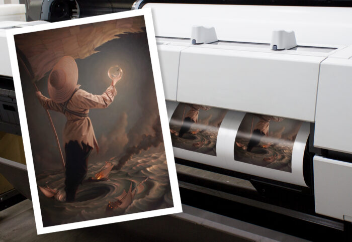 A Giclée fine art print of Steve Chmilar's work coming off of the ultra high-resolution printer at Opus