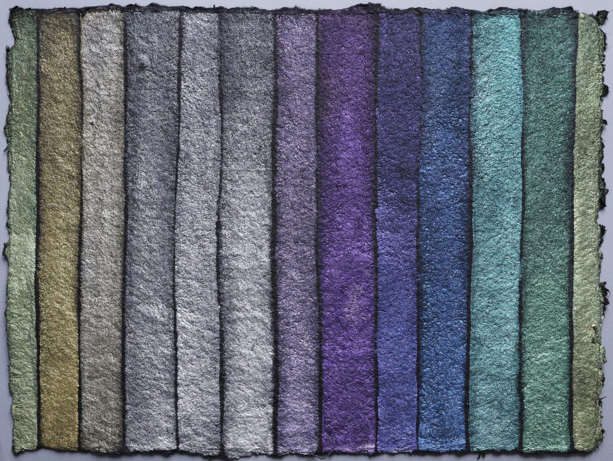 Rainbow of QoR Iridescent and Interference Watercolors shown on paper