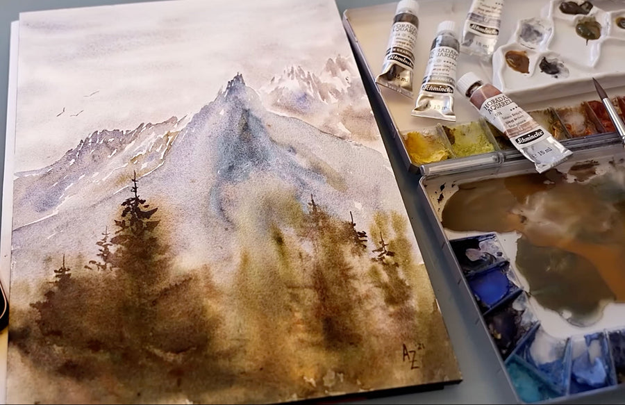 painting of mountains created with Schmincke Supergranulating Watercolours