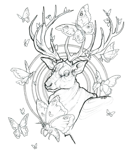 A colouring sheet image of a deer with moths flying around its antlers