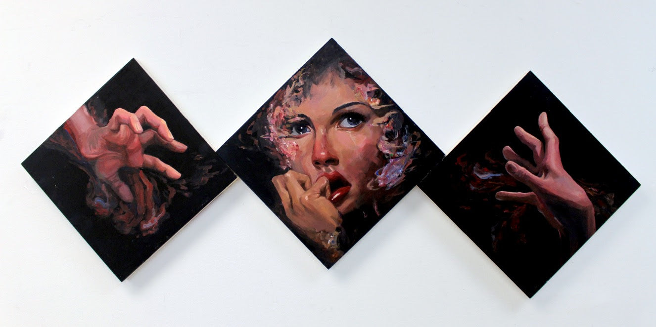 3 paintings in a row, the centre painting is a portrait of a woman, and either side are expressive hands