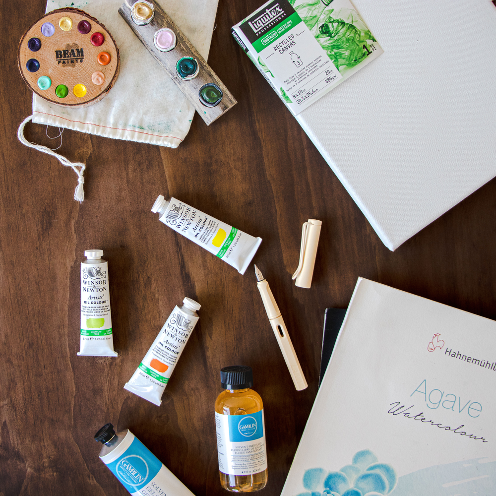 Eco-Conscious Art Materials – Sustainable art supplies on a wooden shelf