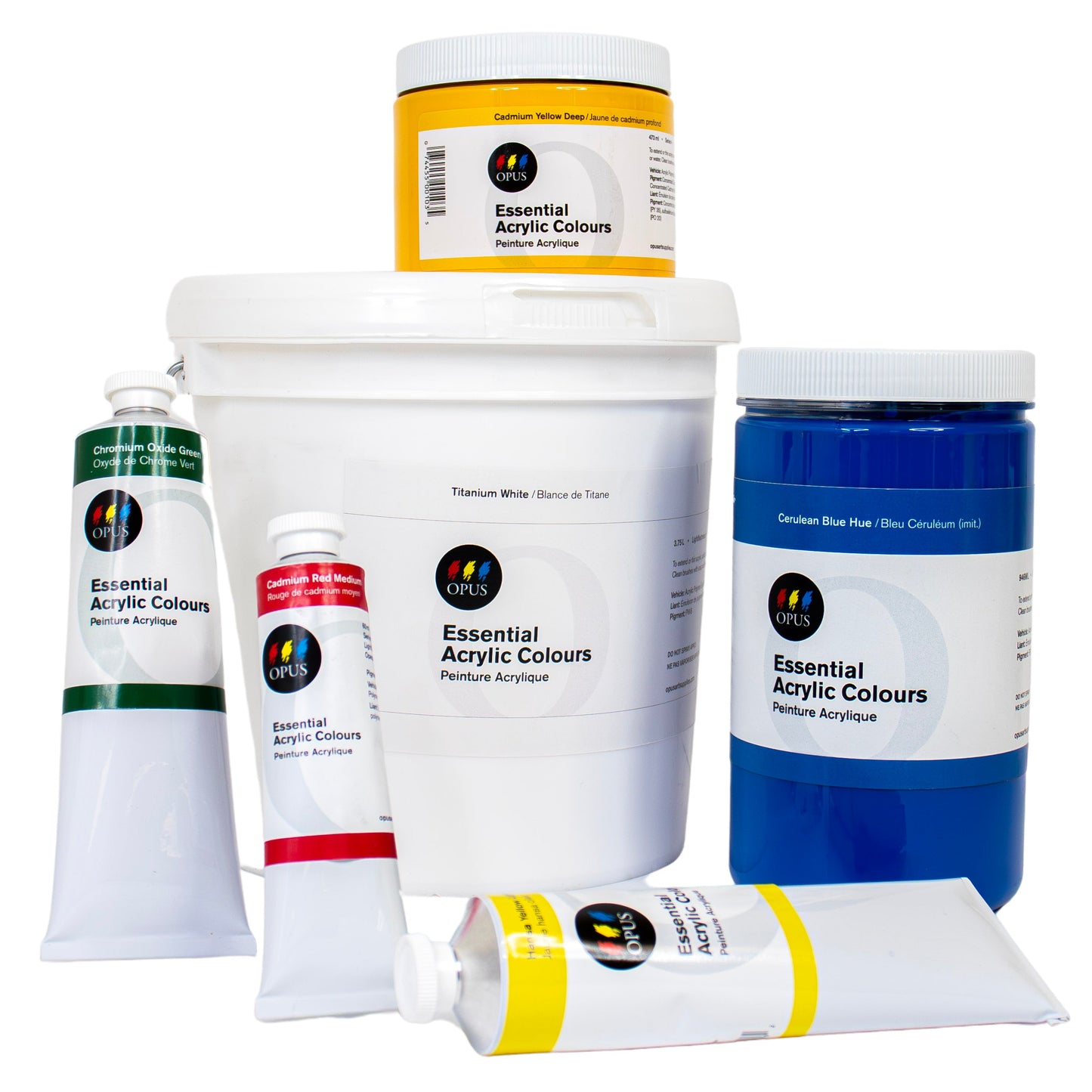 Collection of Essential Acrylic Colours packaging on a white background