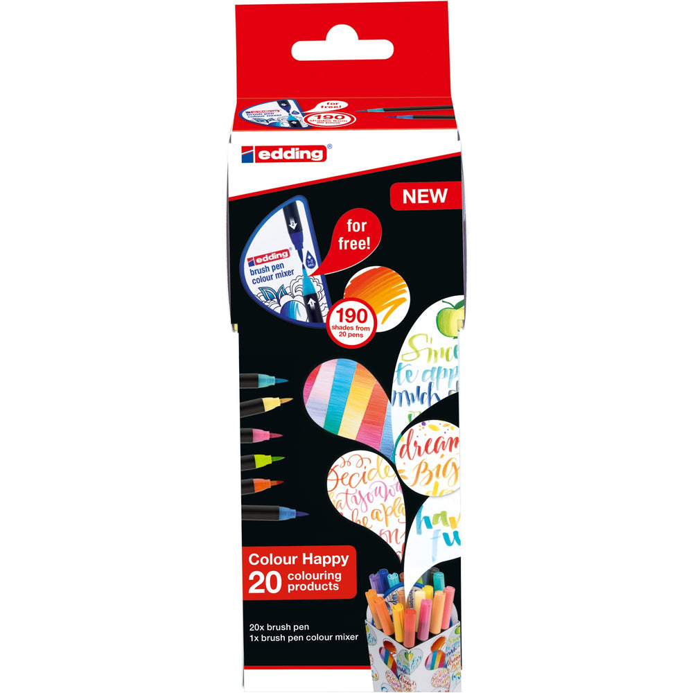 edding Colour Happy Brush Pen Basic Box Set of 20 with Colour Mixer