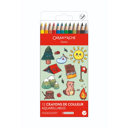Caran d'Ache Kawaii Swisscolor Watercolour Pencil Set of 12 - Swiss Mountain, front of box