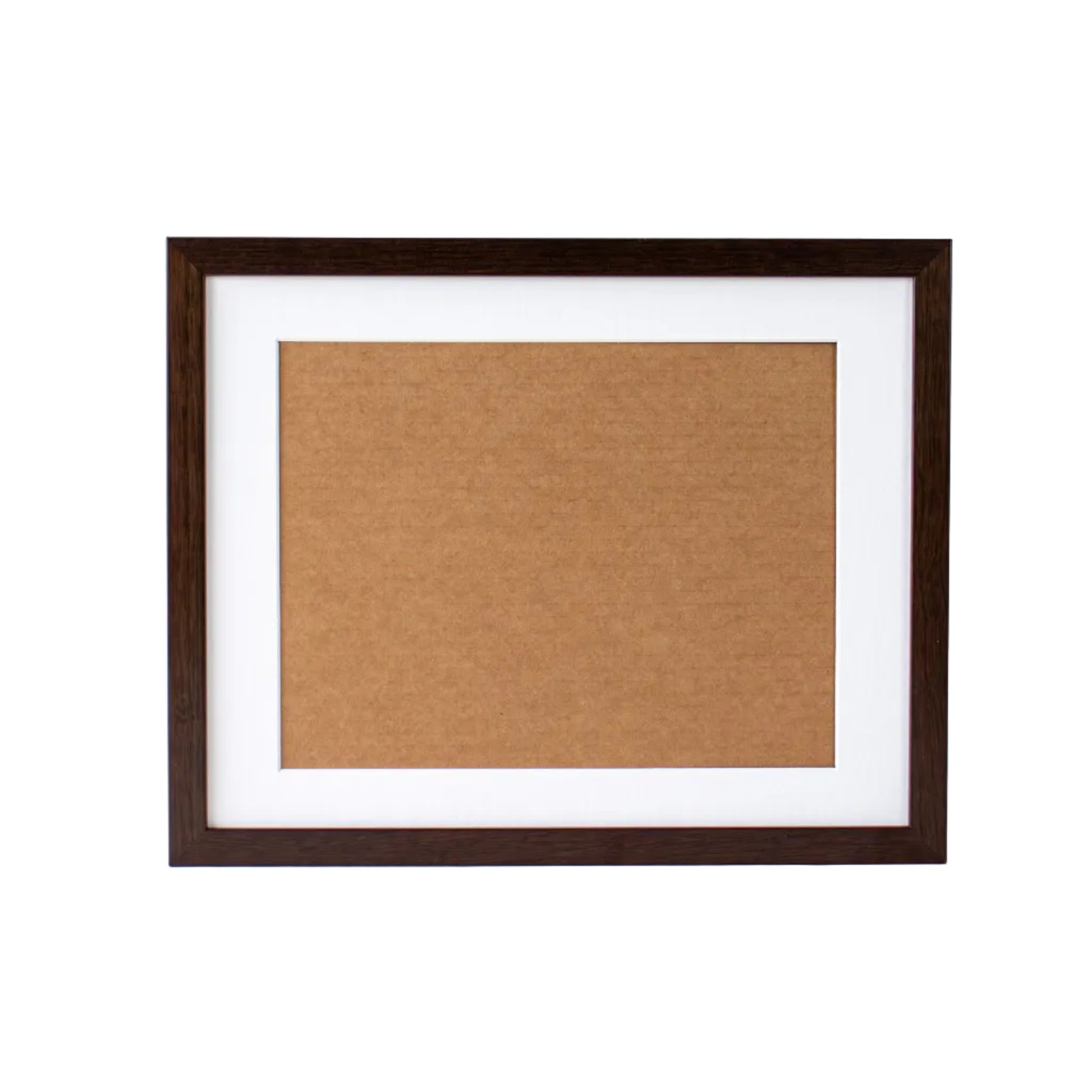 Brown cork bulletin board in a dark wooden frame on a white background