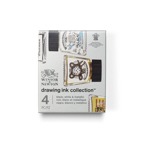 Winsor & Newton Drawing Ink - Black, White, Metallic, Set of 4