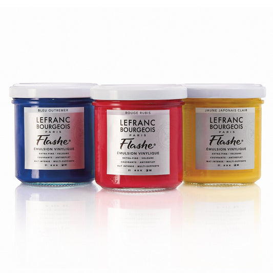 Three jars of Lefranc Bourgeois Flashe paint in blue, red, and yellow on a white background.