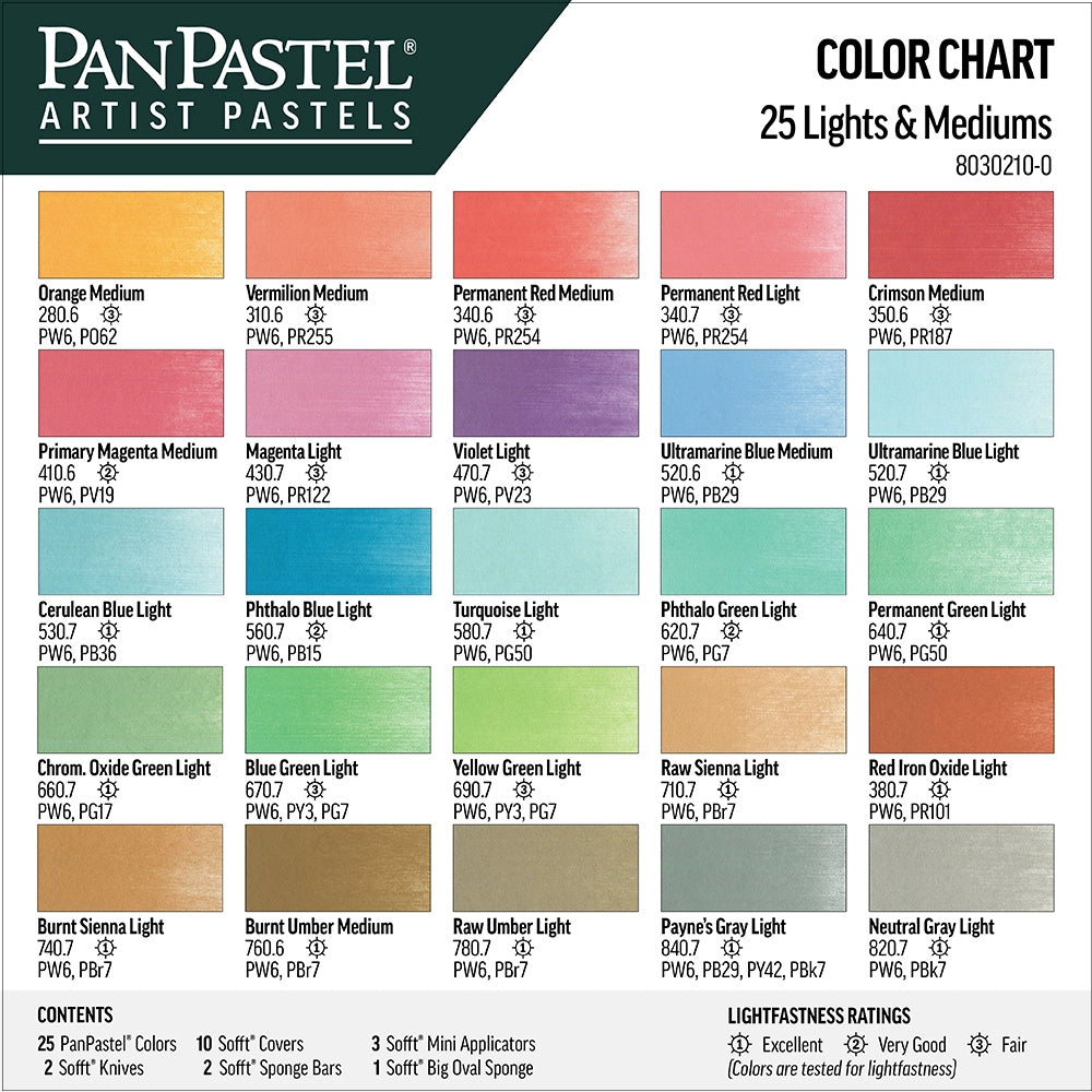 PanPastel Lights and Mediums Set of 25 - color chart