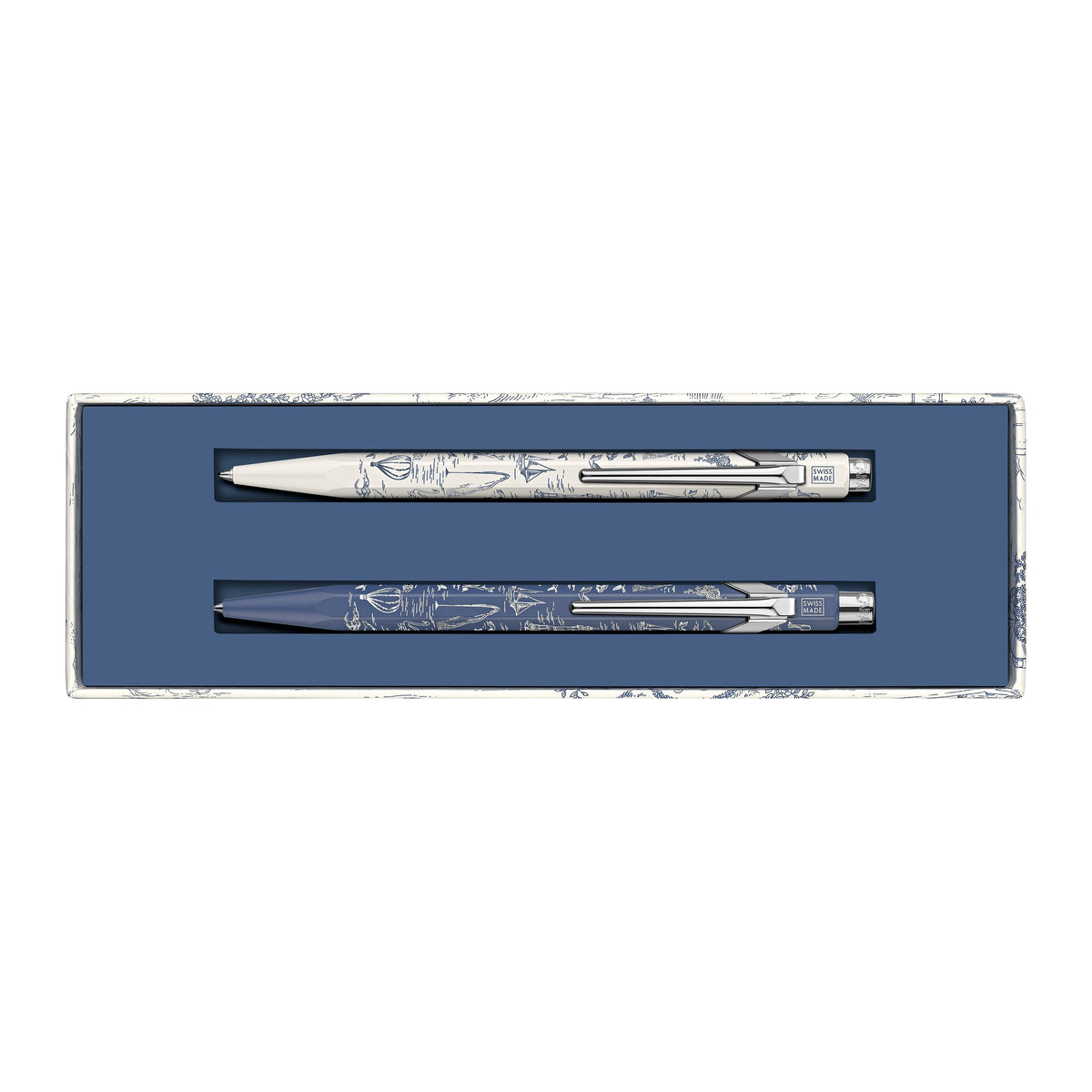 Caran d'Ache Toile de Jouy 849 ballpoint pen and mechanical pencil in open gift box
