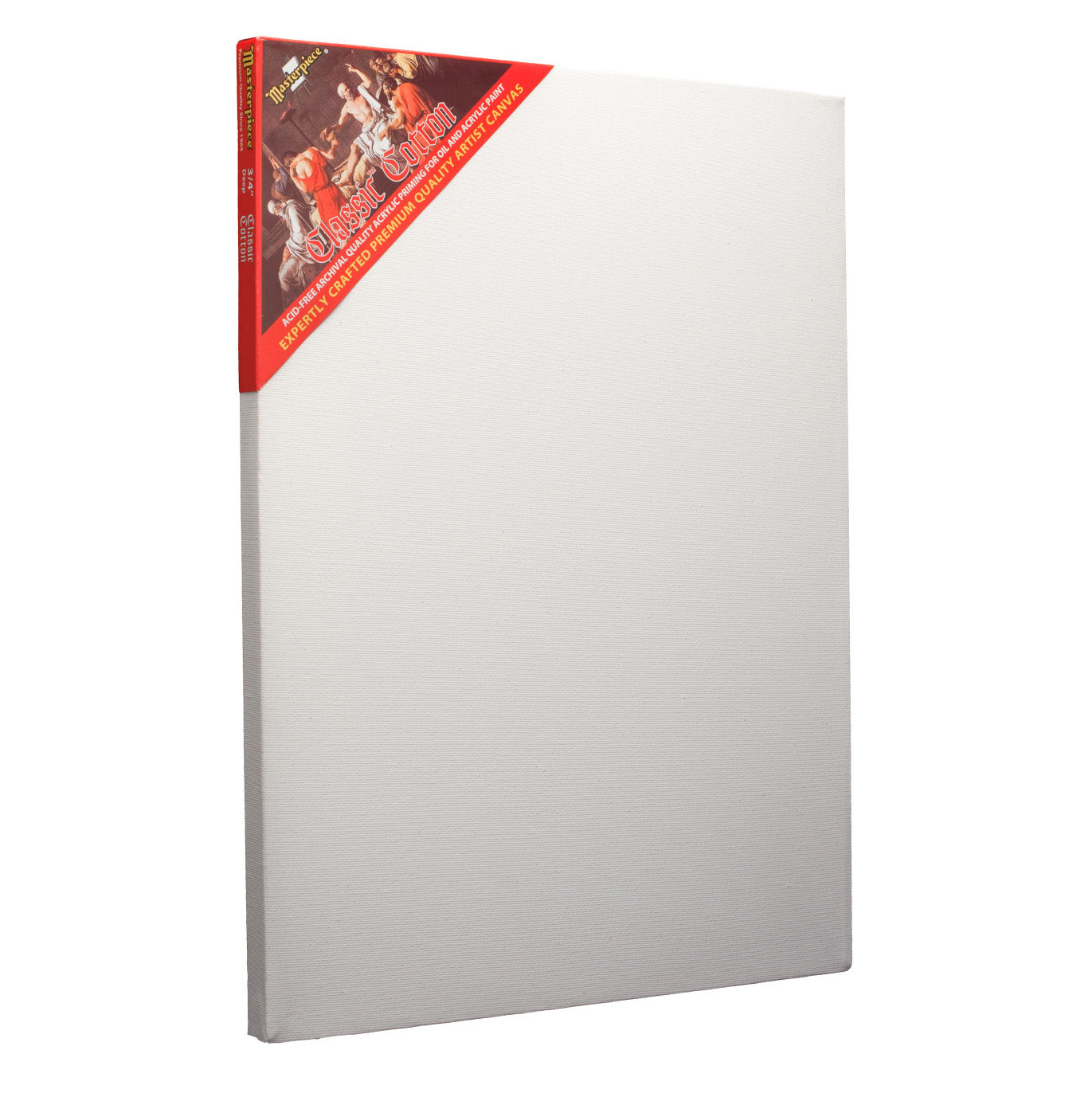 A square white canvas or board photographed on a light gray background, with a red triangular printed corner label showing a small illustrated scene and text.