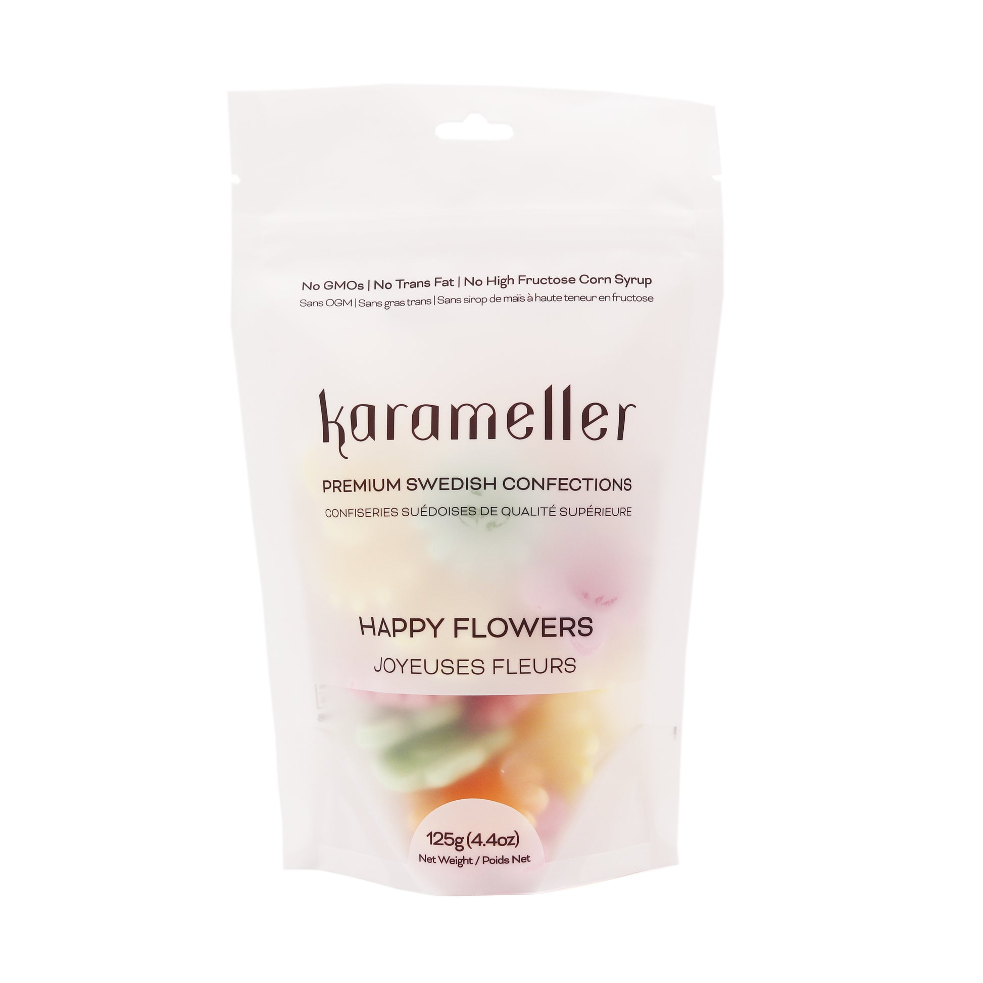 Karameller Happy Flowers confectionery package on a white background