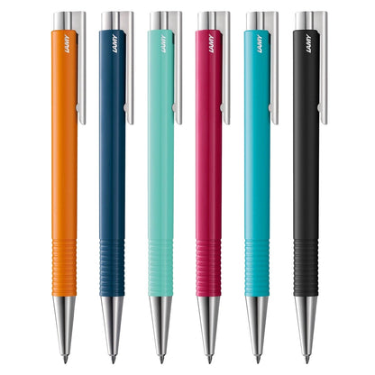 A collection of Lamy Logo M+ Ballpoint Pens in various colors including black, blue, green, orange, pink, and silver.