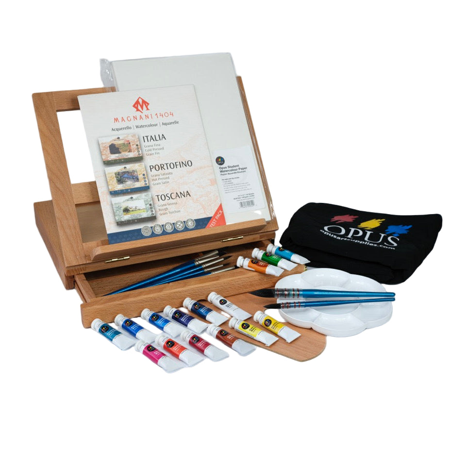 Art supply set with paint tubes, brushes, and an easel on a white background