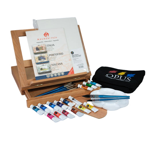 Art supply set with paint tubes, brushes, and an easel on a white background