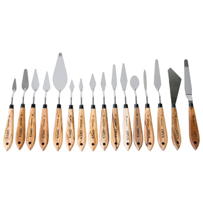 A set of 15 wooden-handled cake and pastry spatulas arranged in a row on a plain white background. The spatulas feature silver stainless steel heads and light brown wood handles with engraved numbers and text.