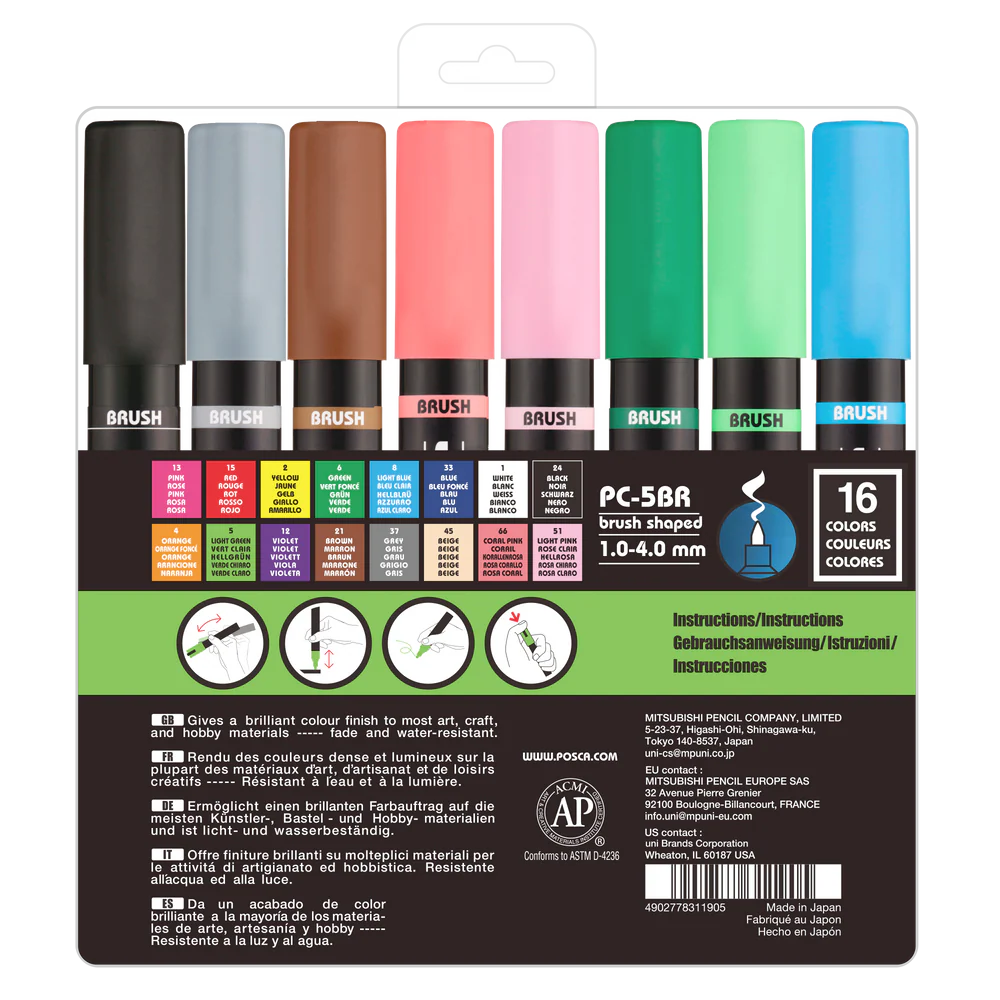 Marqueurs acryliques POSCA PC-5BR Pinceau - Lot de 16