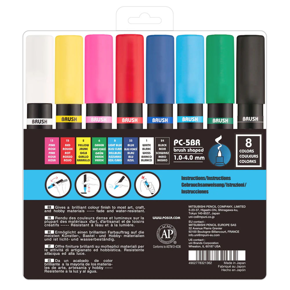 Marqueurs acryliques POSCA PC-5BR à pointe pinceau, lot de 8