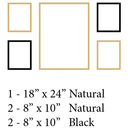Set of natural wood and black frames with dimensions and color labels.